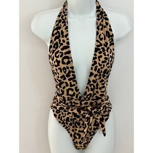 Milly Cabana Leopard Plunge Wrap One Piece Swimsuit Open Back Tie Waist NWT L